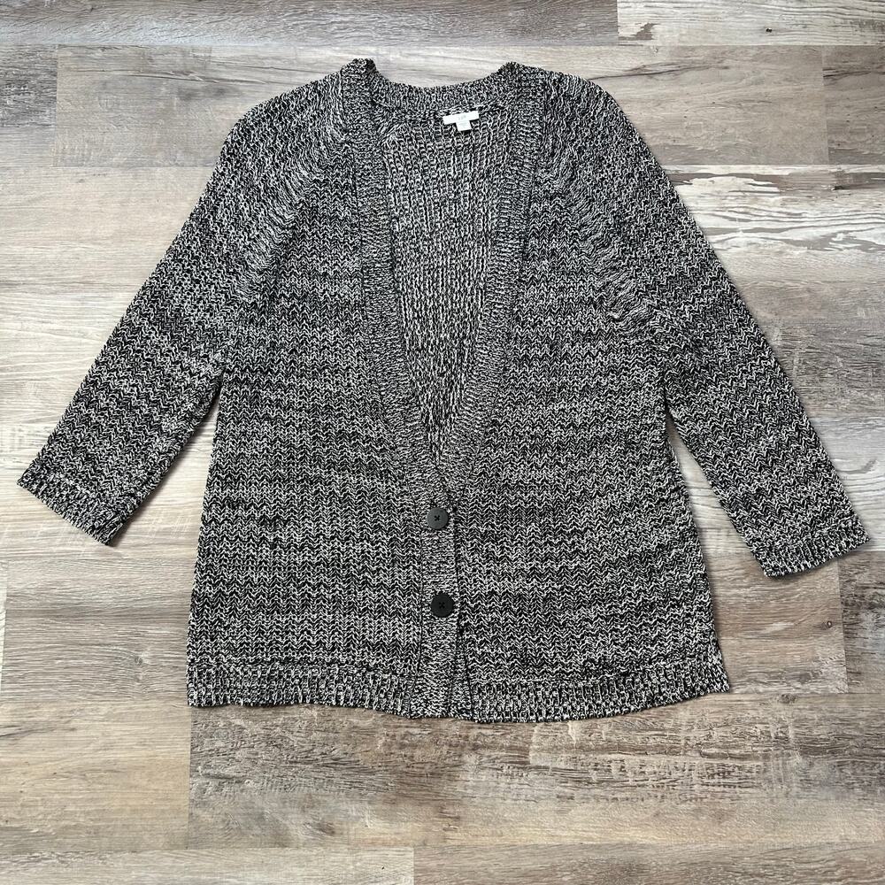 J.Jill Black White Marled Knit Cardigan Sweater Cotton Blend Loungewear Cozy